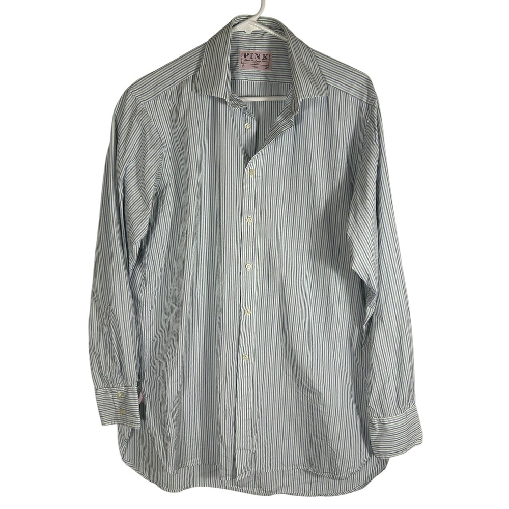 Thomas Pink Jermyn‎ Street Mens 16 34 Blue Green Striped Cotton Dress Shirt